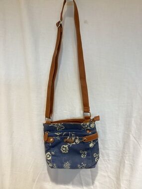 Blue Floral Crossbody Bag with Tan Strap